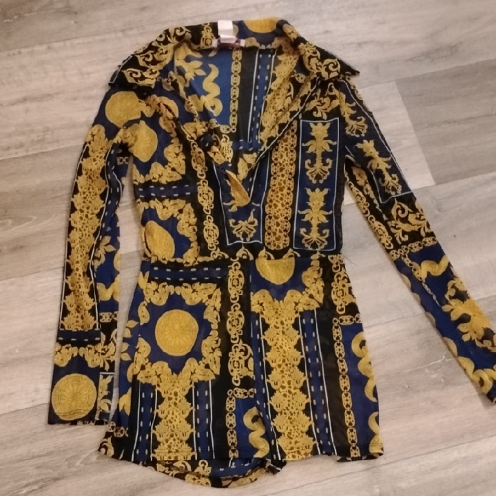 Gold and Black Baroque Sheer Romper with Ornate Design